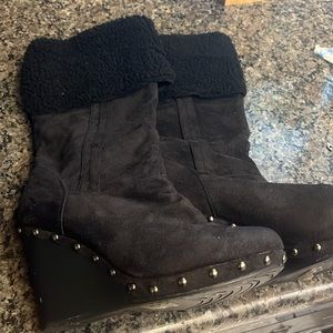 Femini Black suede Fur Topped Wedge Boots 8